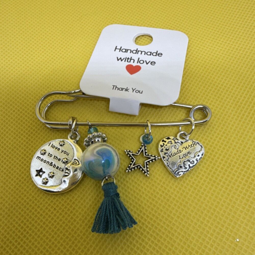 Handmade Love Themed Pin with Star, Heart, Moon Charms in Silver, Blue, Green